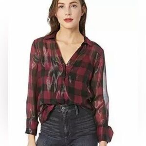 Paige Bevyn shimmering plaid silk blend button down top sz XS.